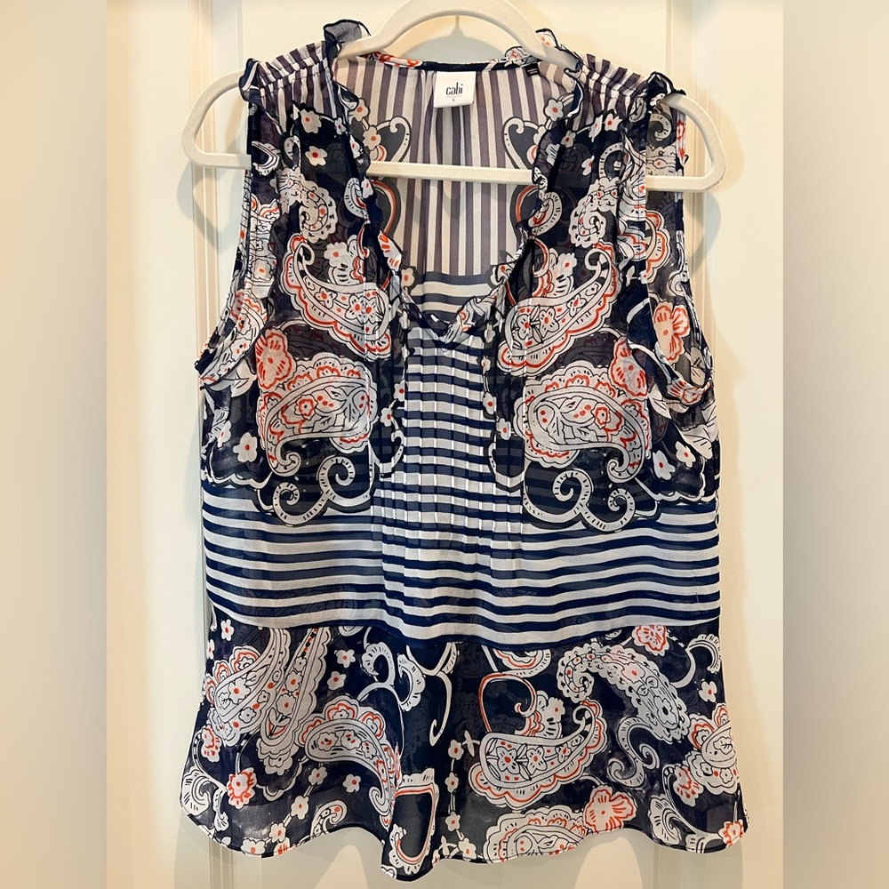 CAbi Black and White Sleeveless Smocked Blouse